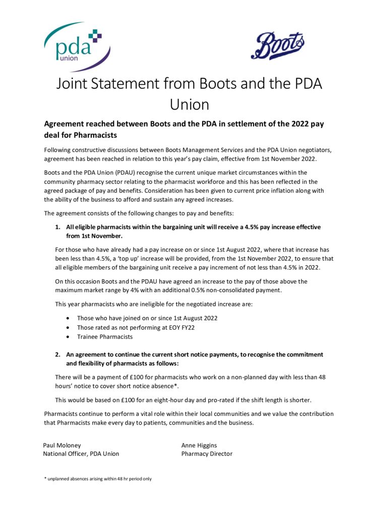 thumbnail of Boots PDAU statement – Pharmacist pay settlement 2022