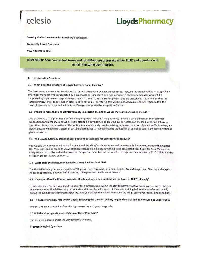thumbnail of Celesio (Lloyds Pharmacy) – Pre-TUPE transfer Consultation FAQ – Nov 2015