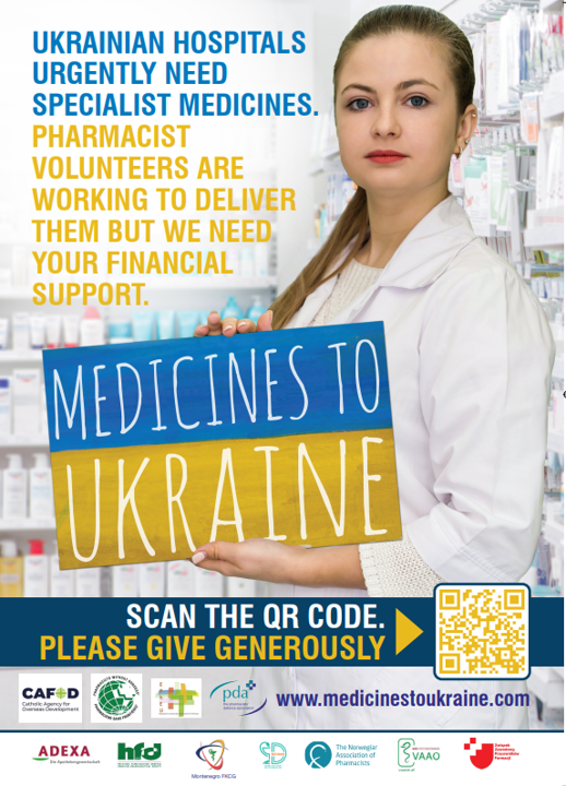 Poster encouraging donations to Medicines to Ukraine.
