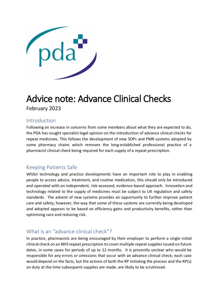 thumbnail of PDA advice note – Advance Clinical Check February 2023