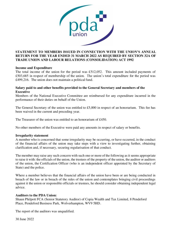 thumbnail of PDAU STATEMENT TO MEMBERS 2022 – FINAL FOR PUBLICATION