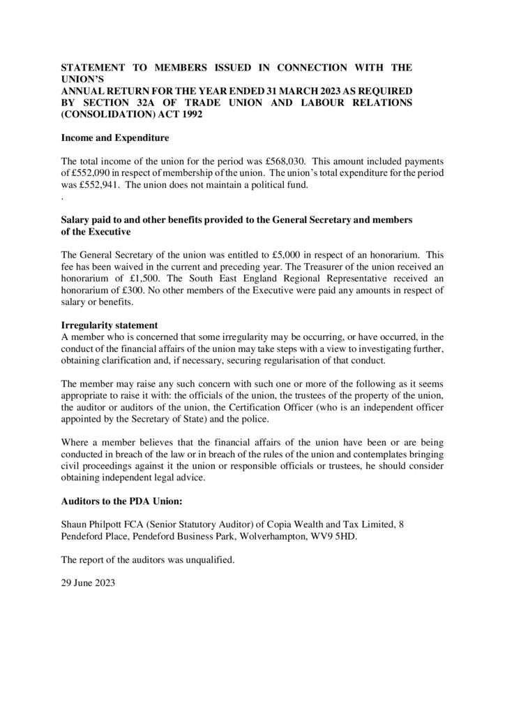 thumbnail of PDAU STATEMENT TO MEMBERS 2023