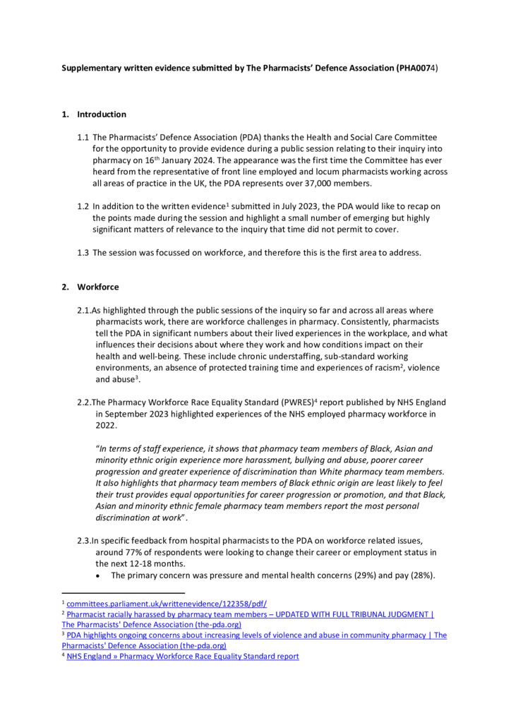 thumbnail of Supplementary written evidence submitted by The Pharmacists’ Defence Association